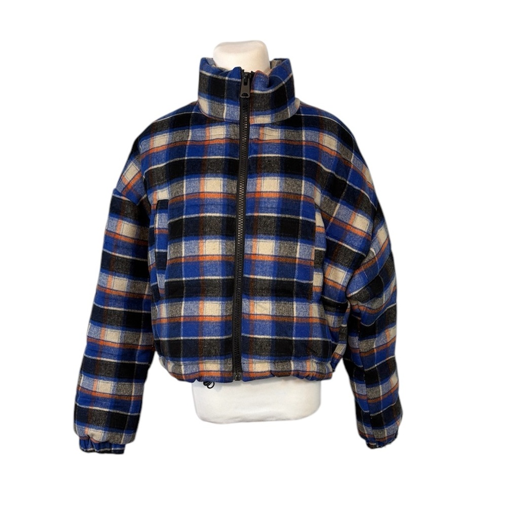 Urban Outfitters S-P Blue Plaid Wool-Blend Short Full Zip Puffer Coat Jacket